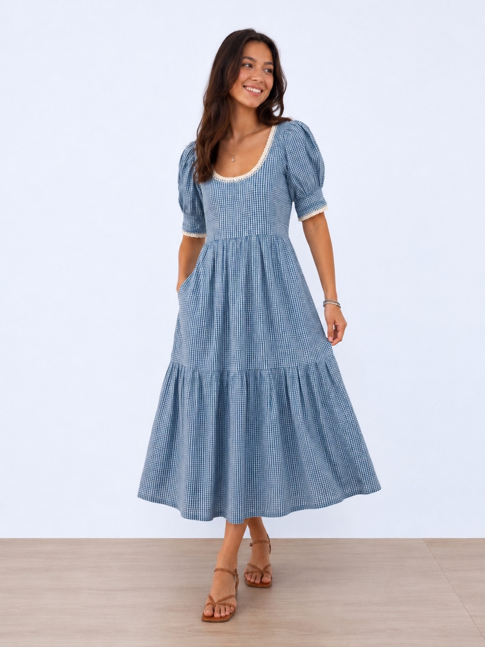 Loeffler Randall Gillian Puff−Sleeve Dress in Blue Gingham | XS - Picture 9 of 16